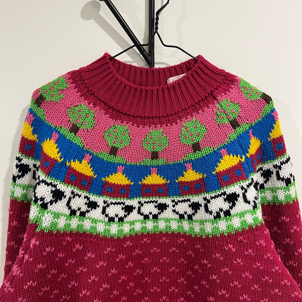 Vintage Fair Isle Women's Crew Neck Sweater with Trees and Sheep Pink Colourful - Picture 2 of 5